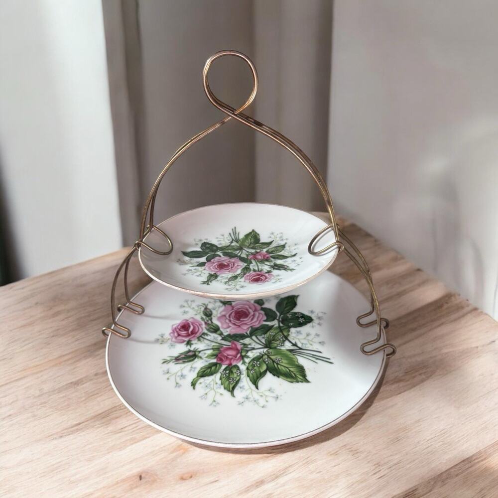 Vtg ARDCO Floral Plates w/Tiered Metal Caddy Holder Shabby Lipper & Mann Tidbit